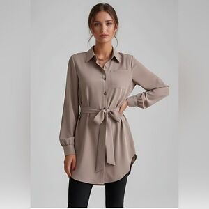 Longline Button Front Belted Shirt